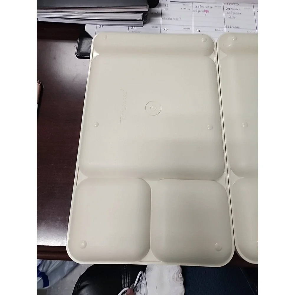 2 VTG TUPPERWARE DIVIDED SERVING LUNCH FOOD TRAY 1535-5 ALMOND CAMPING PICNIC RV